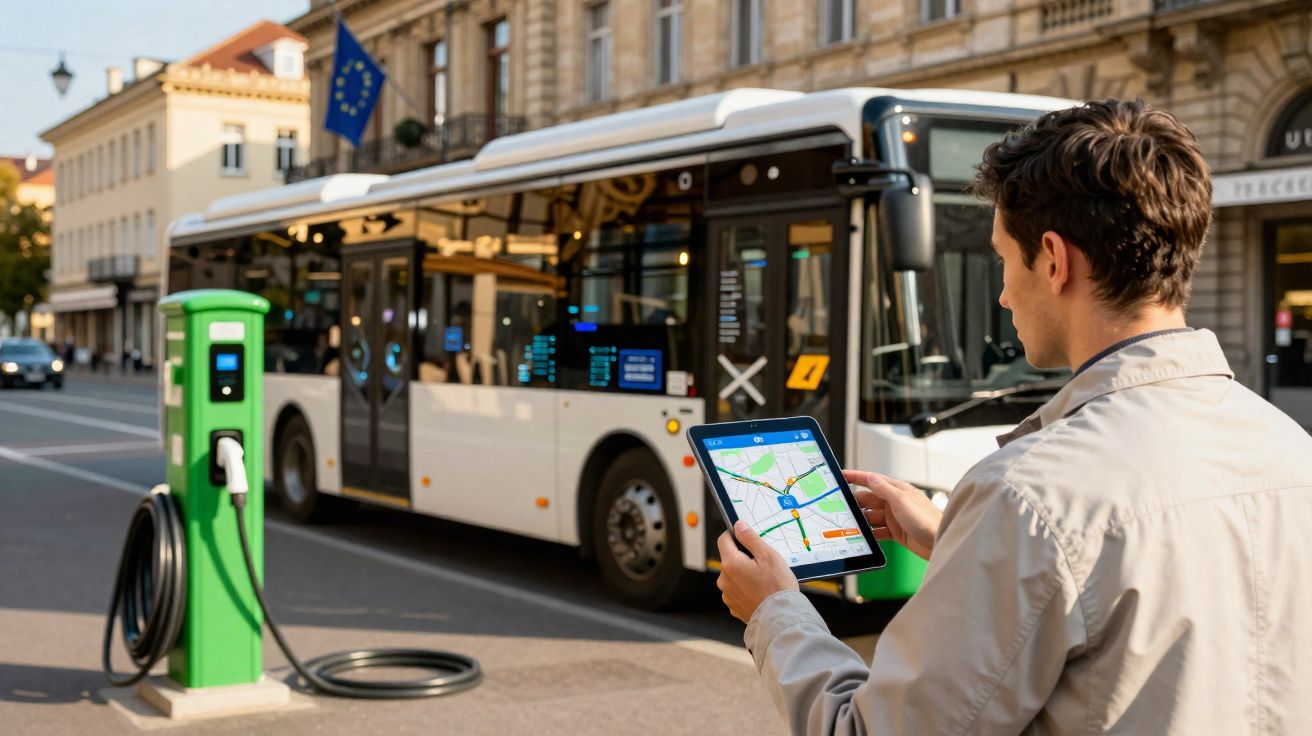Homem utiliza tablet para monitorar ônibus elétrico sendo carregado em estação urbana com bandeira da União Europeia.