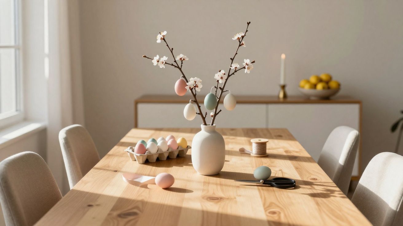Mesa de madeira com vaso branco contendo galhos decorados com ovos coloridos e flores brancas.