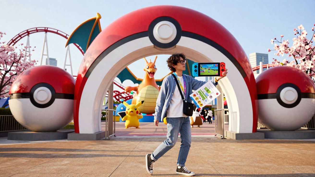 Pessoa segurando controle Nintendo Switch em parque temático Pokémon com Pokébolas gigantes ao fundo.