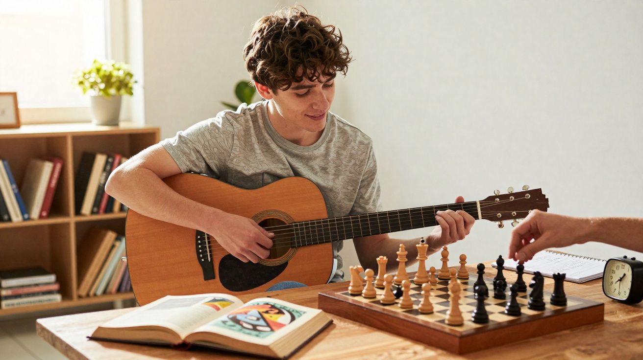 Jovem tocando violão e outra pessoa jogando xadrez em mesa com livro aberto e relógio.