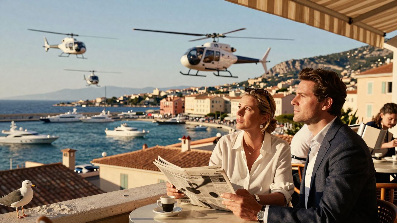 Casal elegante sentado em café na beira-mar com helicópteros voando e barcos ao fundo em cenário ensolarado.