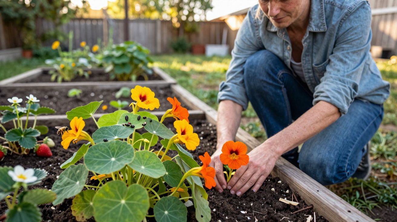Pessoa plantando flores laranja em canteiro de jardim com vegetação em área externa ensolarada.