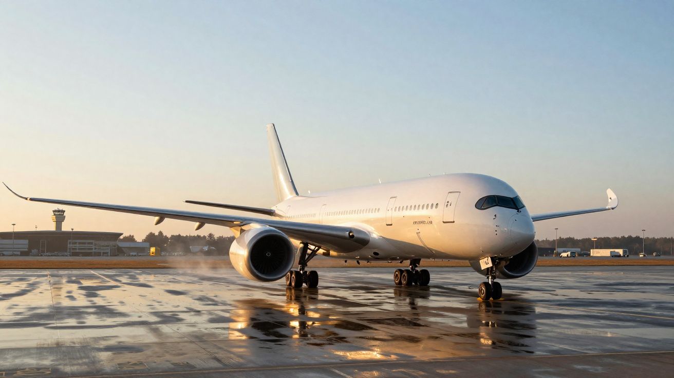 Avião comercial branco estacionado no pátio do aeroporto ao amanhecer.