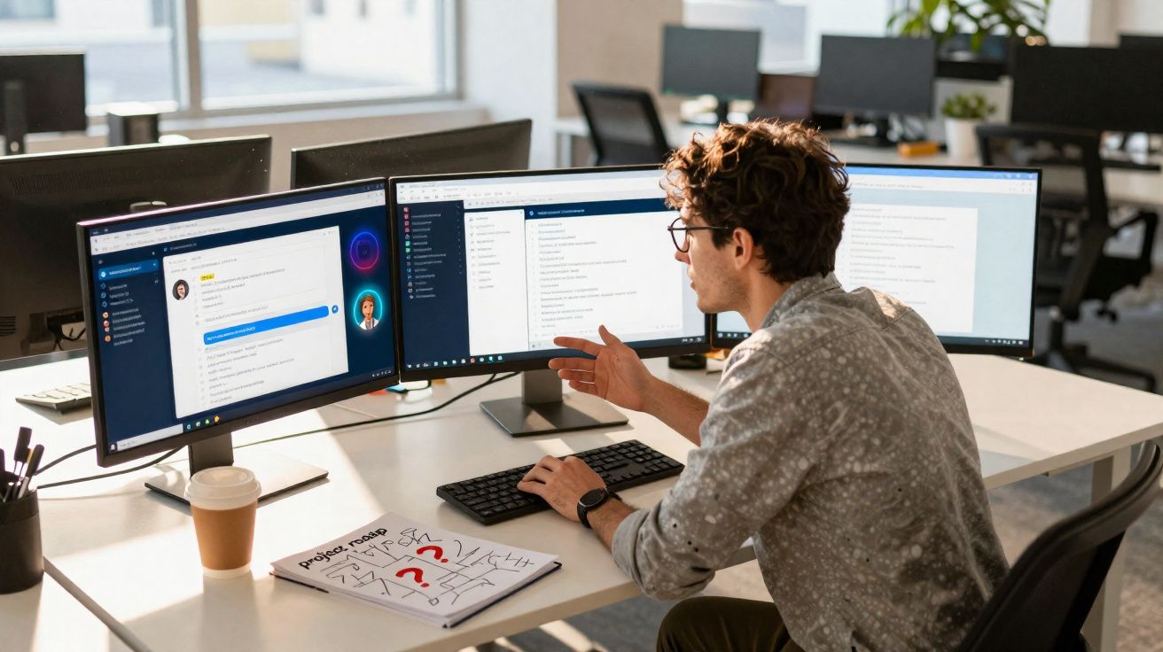 Homem trabalhando em escritório com três monitores e planejando projeto com anotações em caderno.