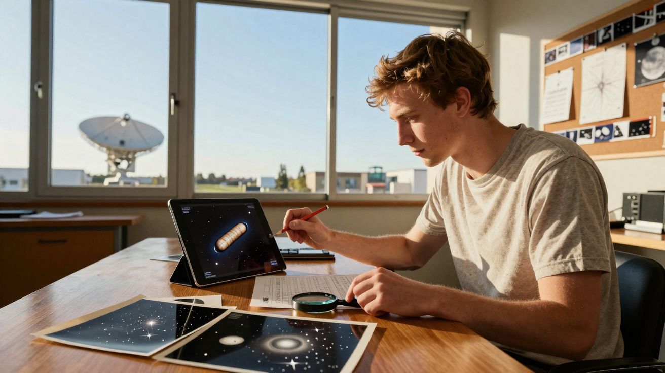 Jovem estudando imagens de galáxias em tablet e impressos em sala com antena parabólica ao fundo.