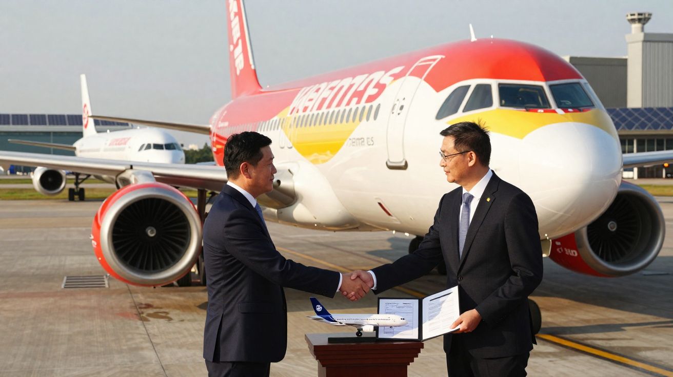 Dois homens de terno apertam as mãos em frente a um avião da companhia aérea Avianca no aeroporto.