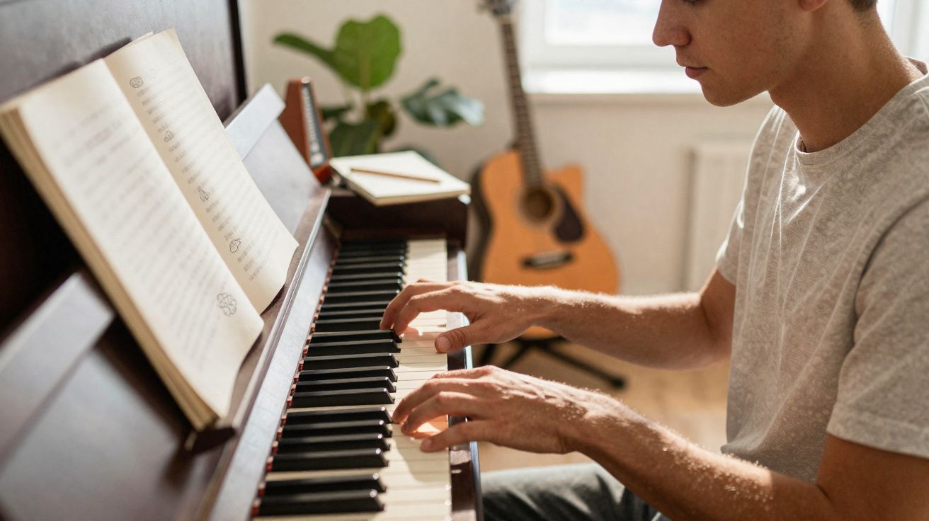 Jovem tocando piano com partituras abertas, violão ao fundo em ambiente iluminado e aconchegante.