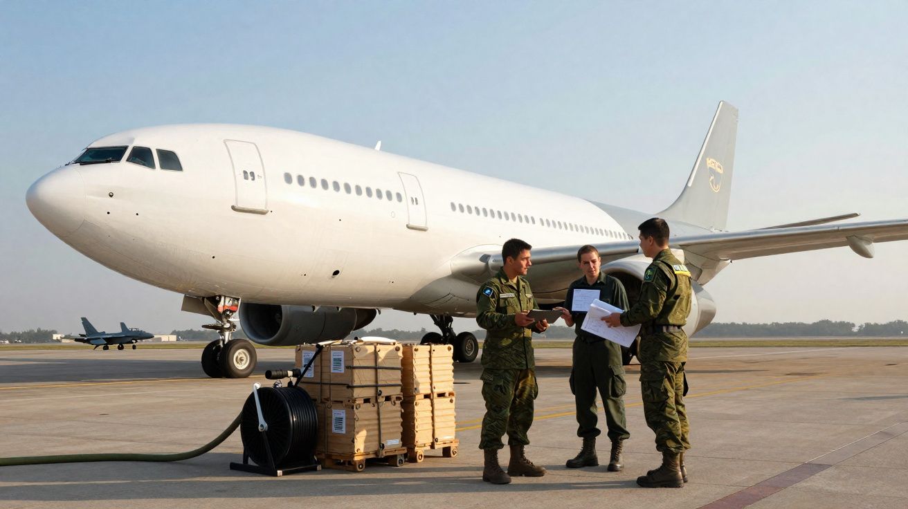 Militares em uniforme discutem documentos ao lado de avião branco estacionado em pista de aeroporto.