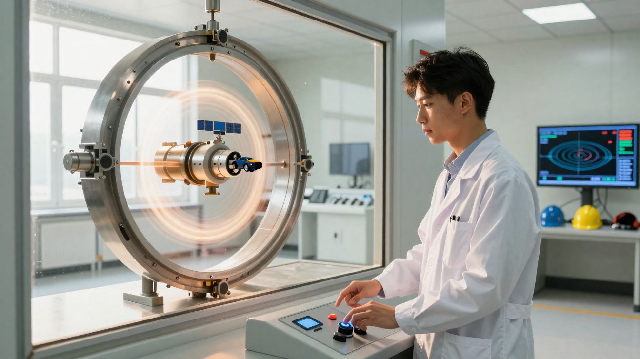 Homem em jaleco controlando equipamento circular tecnológico em laboratório moderno.
