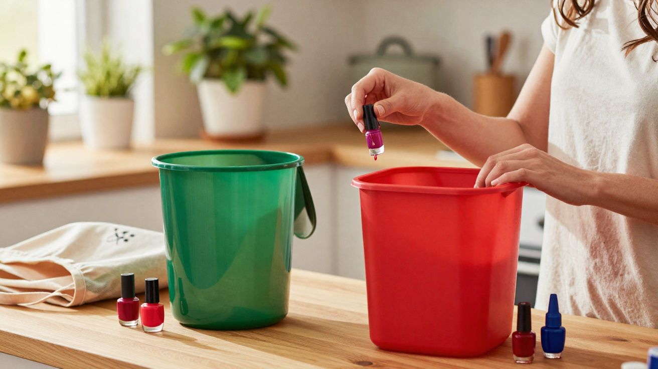 Pessoa descartando esmalte em balde vermelho ao lado de balde verde em cozinha iluminada por janela.