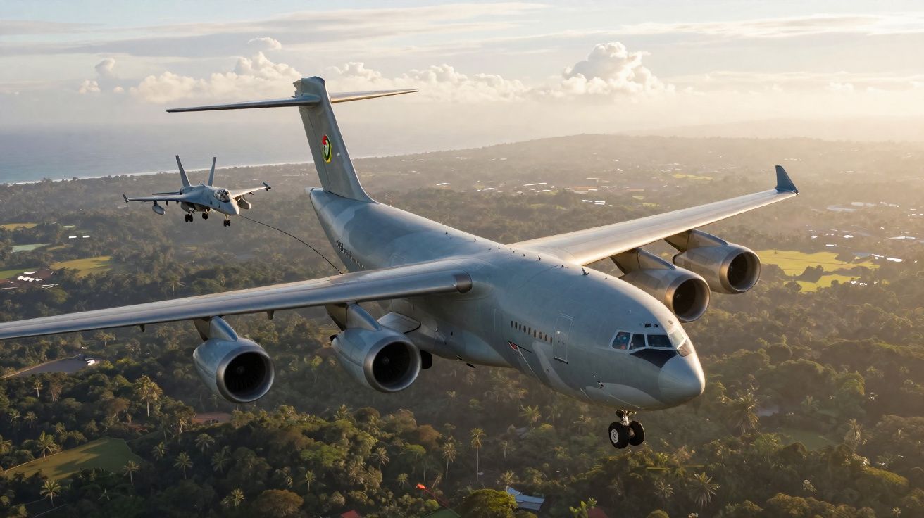 Avião tanque reabastecendo em voo outro caça sobre área verde ao entardecer.