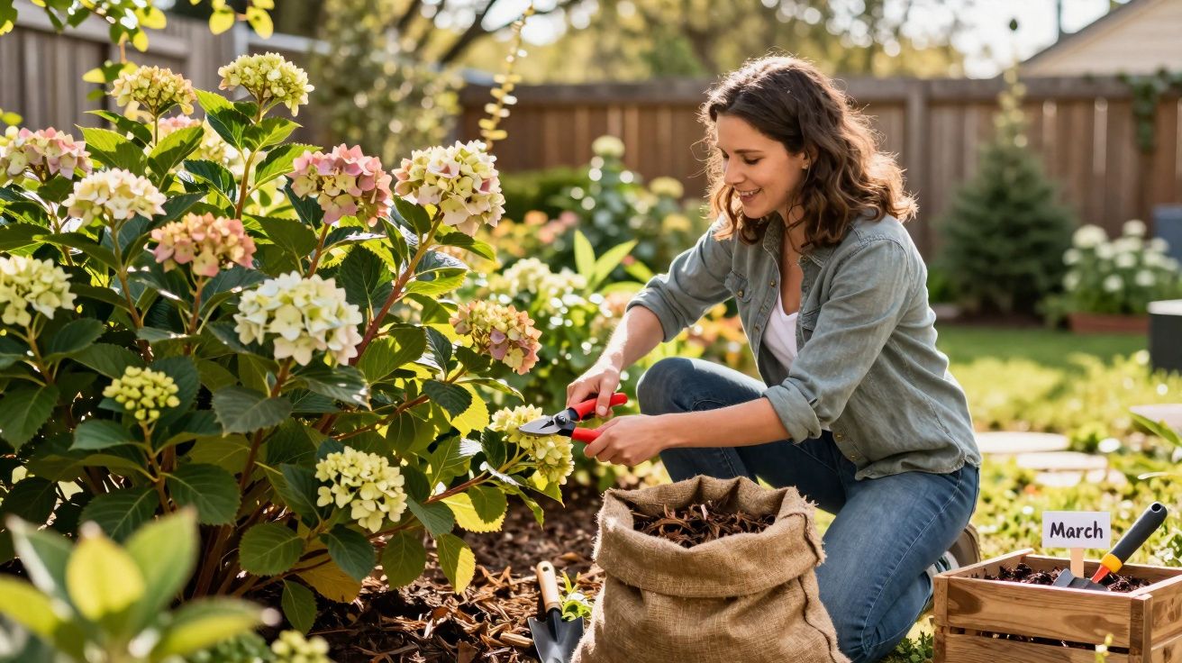 Mulher sorridente cuidando de plantas com tesoura de poda em jardim ensolarado durante o dia.