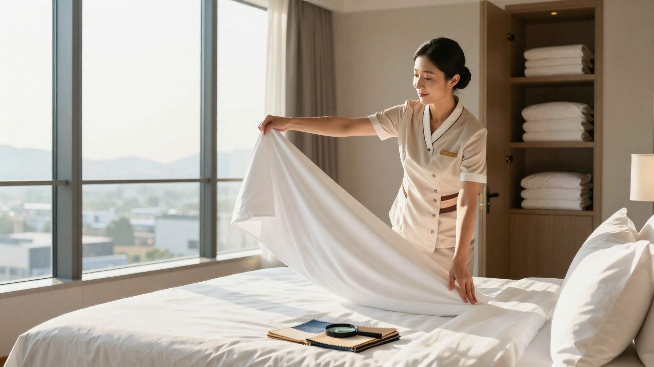 Funcionária arrumando a cama com roupa branca em quarto de hotel iluminado por janela grande.