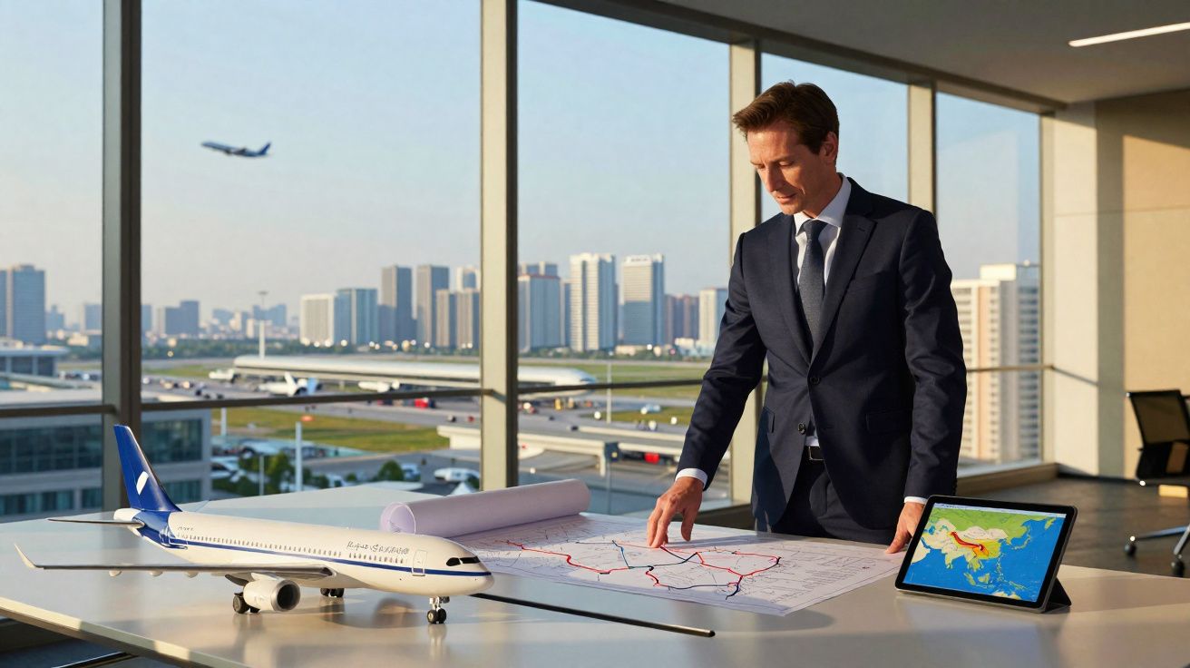 Homem de terno analisa mapa de rotas aéreas em escritório com maquete de avião, tablet e janelas para aeroporto.