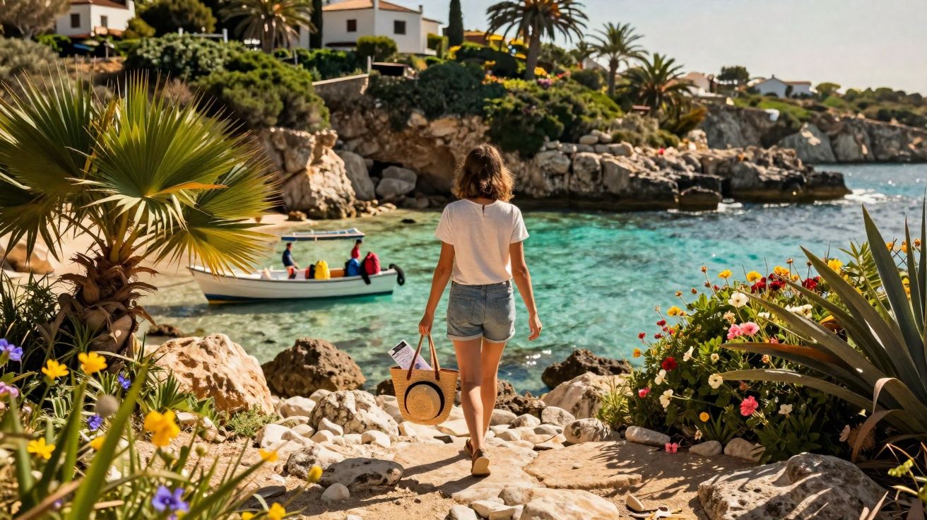 Mulher de costas caminhando em trilha de pedras com plantas, flores, casas e mar azul ao fundo.
