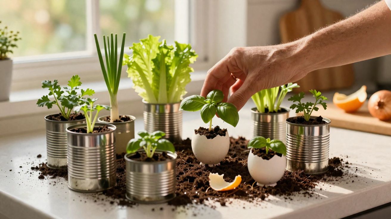 Mão cuidando de planta em casca de ovo, ao redor latas com ervas e vegetais em bancada perto da janela.