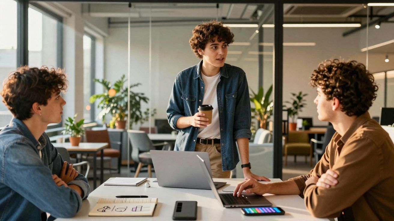 Três jovens discutindo trabalho em escritório moderno, com laptops, cadernos e plantas ao fundo.