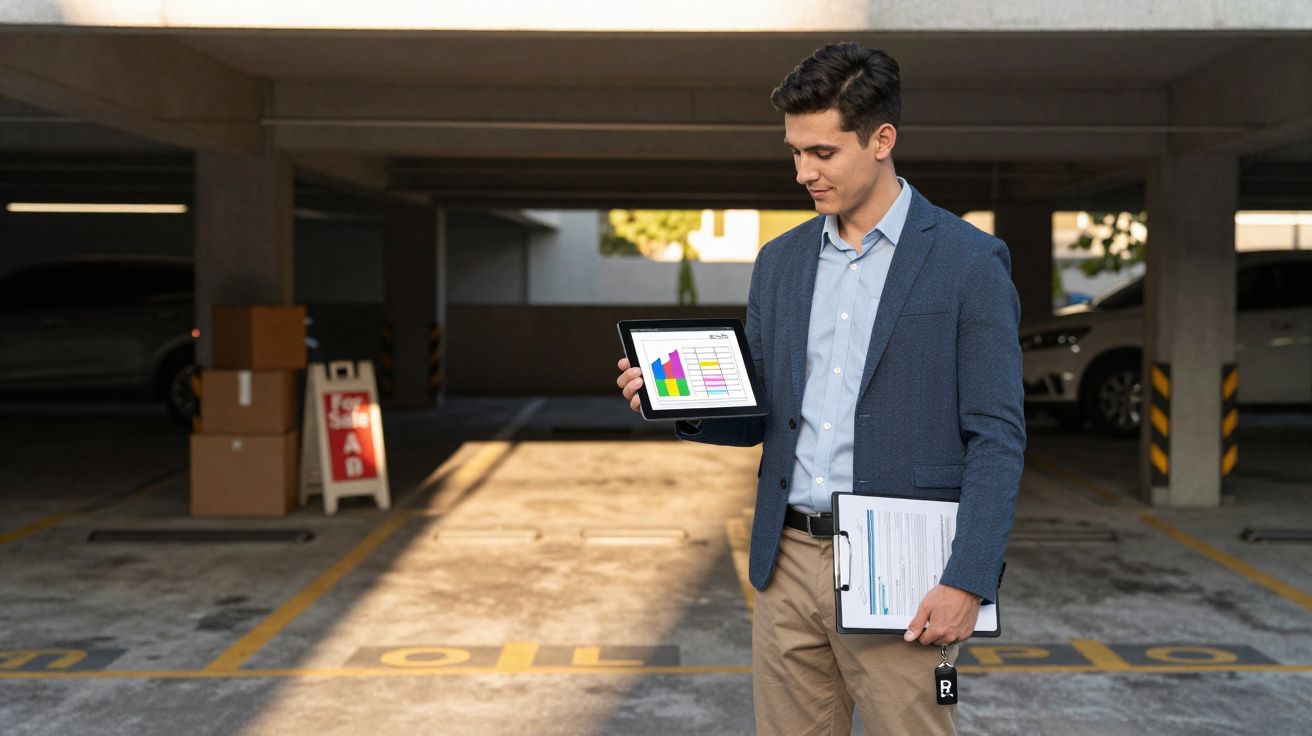 Homem de terno mostrando gráfico colorido em tablet em estacionamento coberto com prancheta na mão.