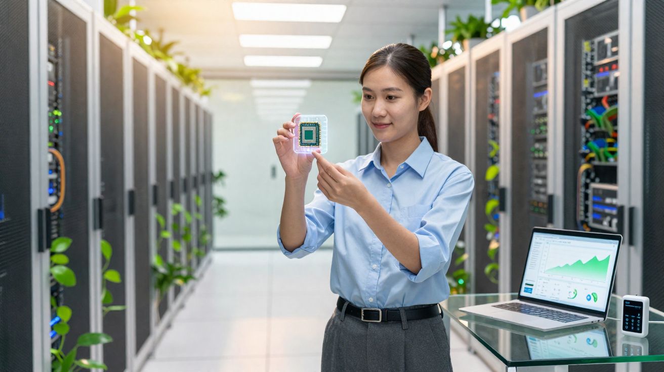 Mulher segura chip de computador em data center com servidores e laptop exibindo gráficos ao fundo.