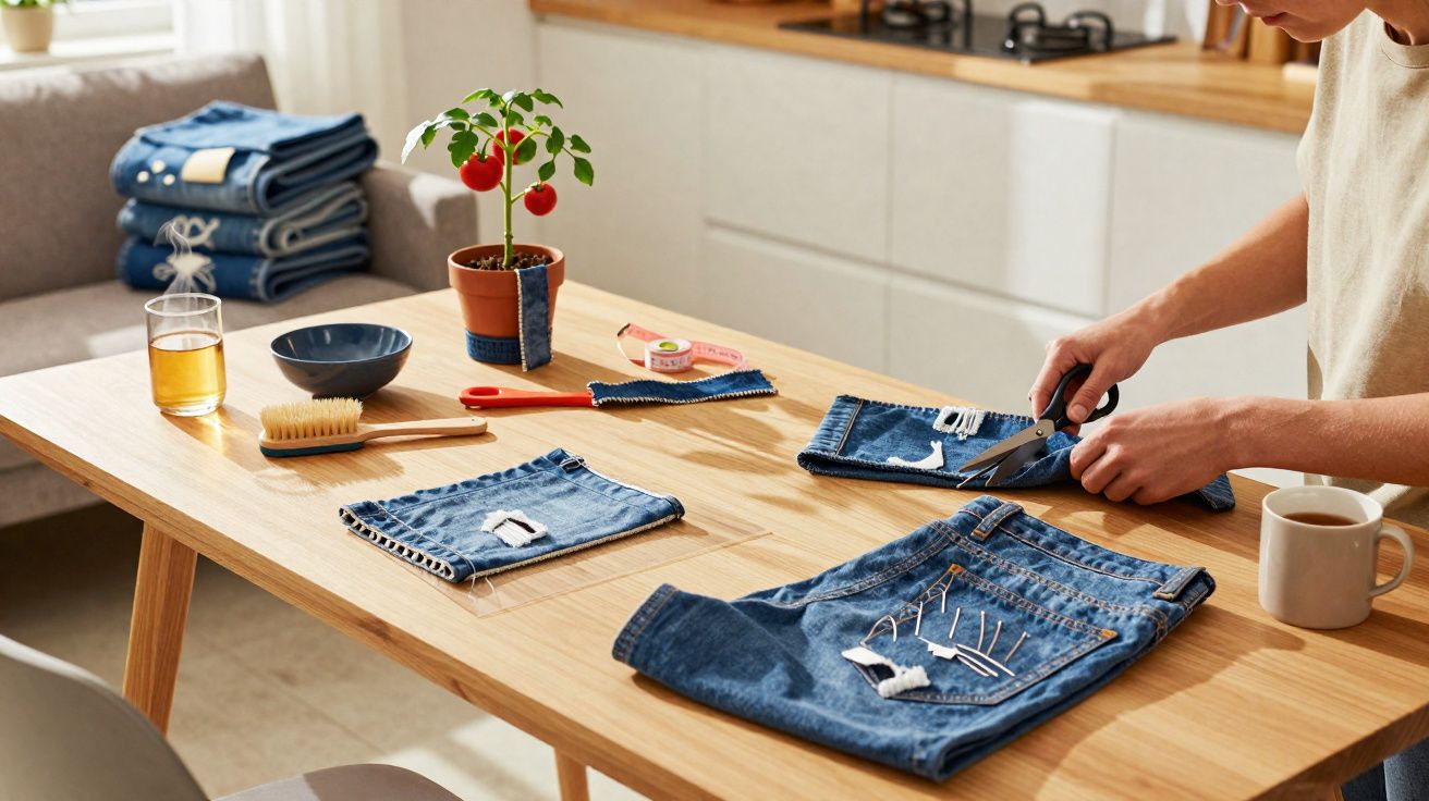 Pessoa corta pedaços de tecido jeans em cima de mesa de madeira com plantas e ferramentas de costura.