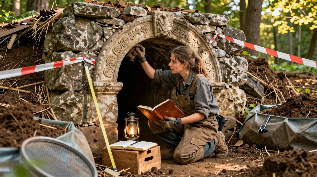 Arqueóloga examina ruína antiga durante escavação ao ar livre, segurando livro e usando luvas.
