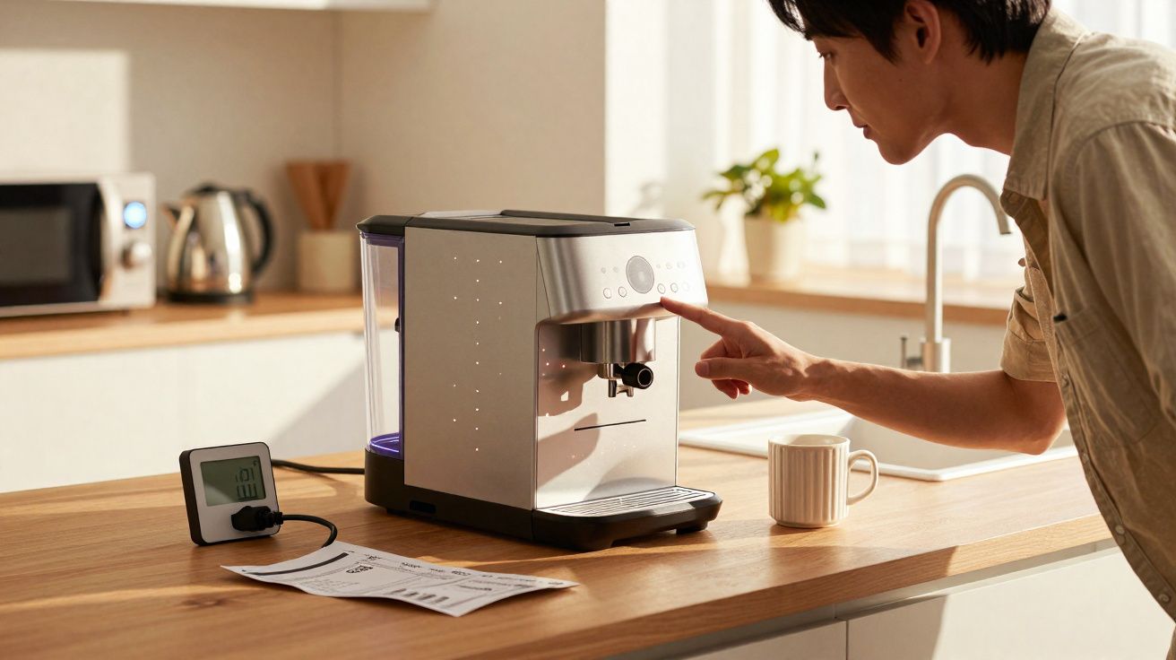 Homem operando máquina de café expresso em cozinha moderna com xícara ao lado.