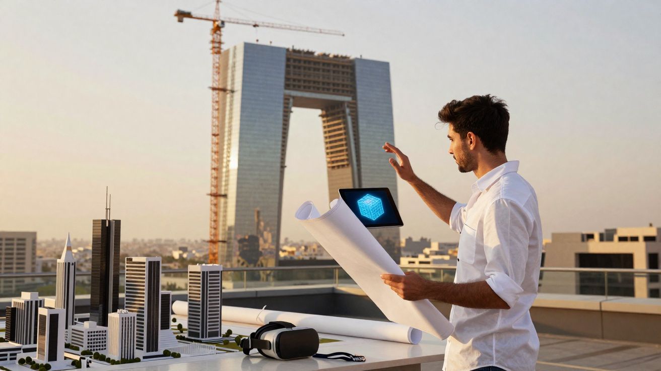 Homem analisando planta ao ar livre com maquete urbana e óculos de realidade virtual sobre mesa.
