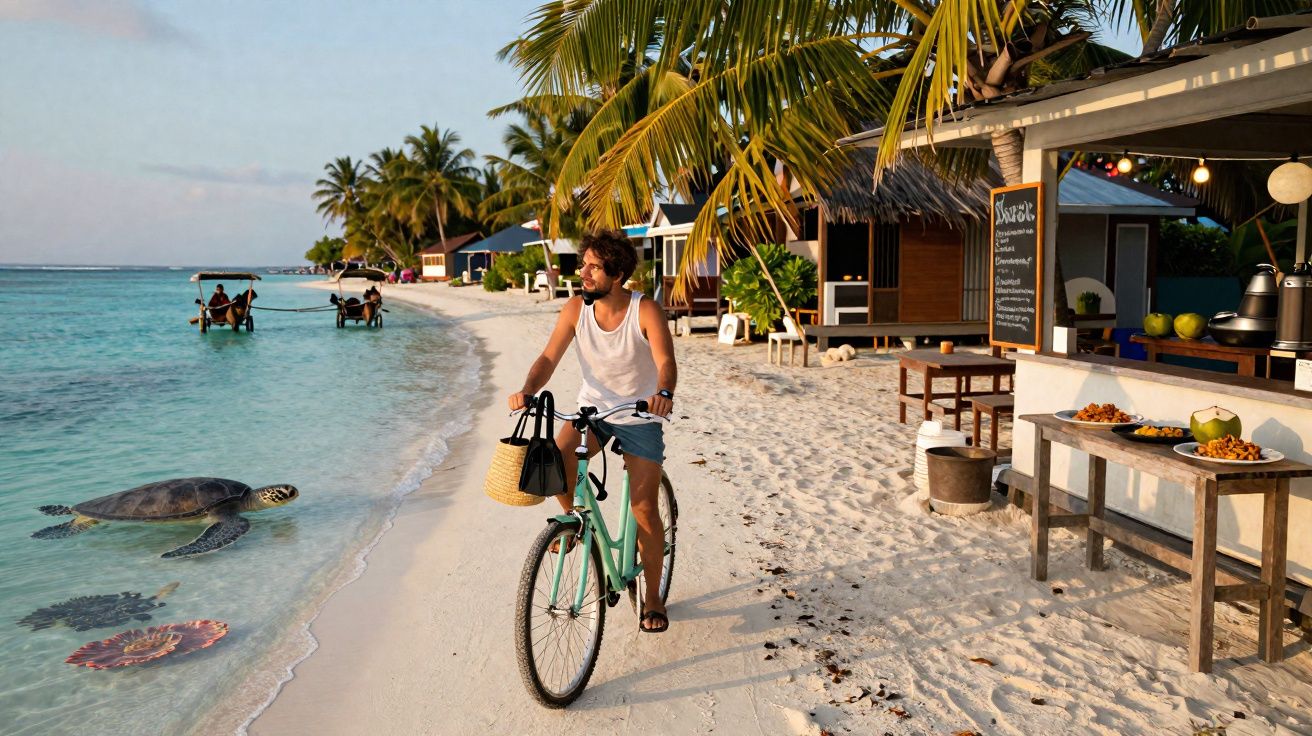 Homem anda de bicicleta na praia ao lado de tartaruga marinha e recife de corais, com cabanas e coqueiros ao fundo.