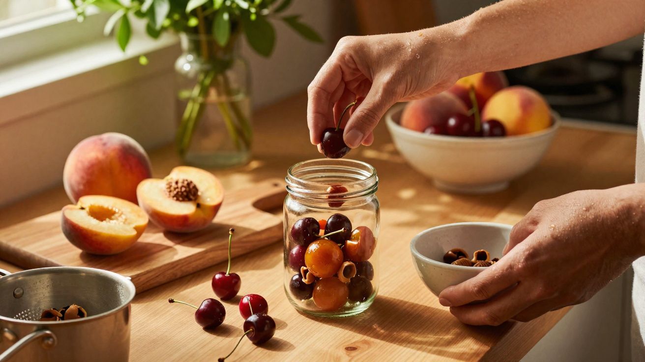 Mãos colocando cerejas em pote de vidro sobre mesa com pêssegos e tigelas ao fundo.