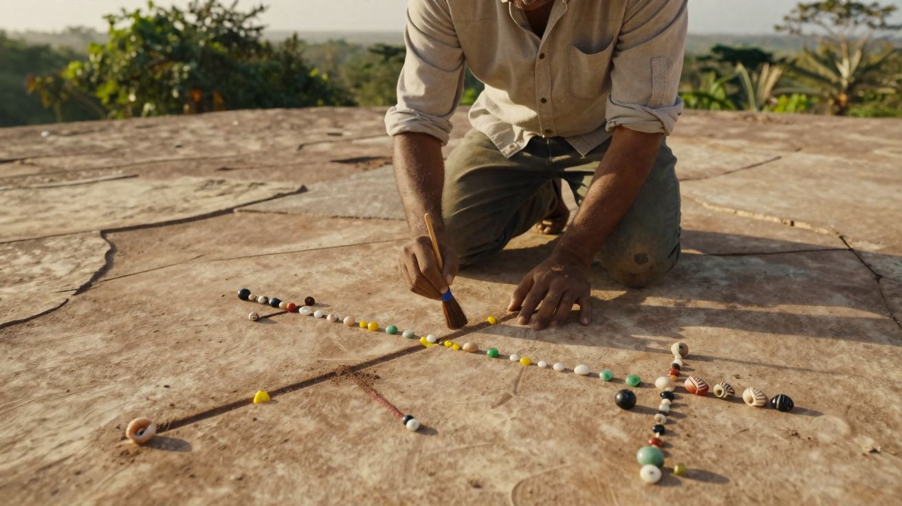 Homem ajoelhado desenhando círculo em terreno com pedras coloridas organizadas em linha.