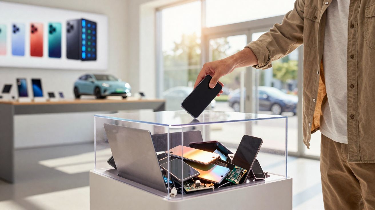 Pessoa descartando smartphone em recipiente transparente dentro de loja de eletrônicos moderna.
