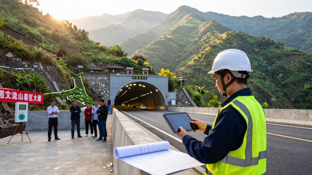 Engenheiro de segurança com capacete e colete fiscaliza túnel rodoviário em área montanhosa no entardecer.