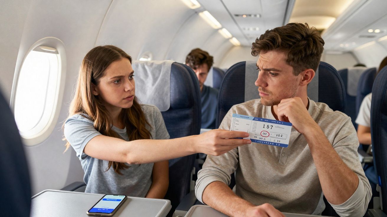 Mulher mostrando bilhete para homem sentado ao lado dentro de avião comercial.
