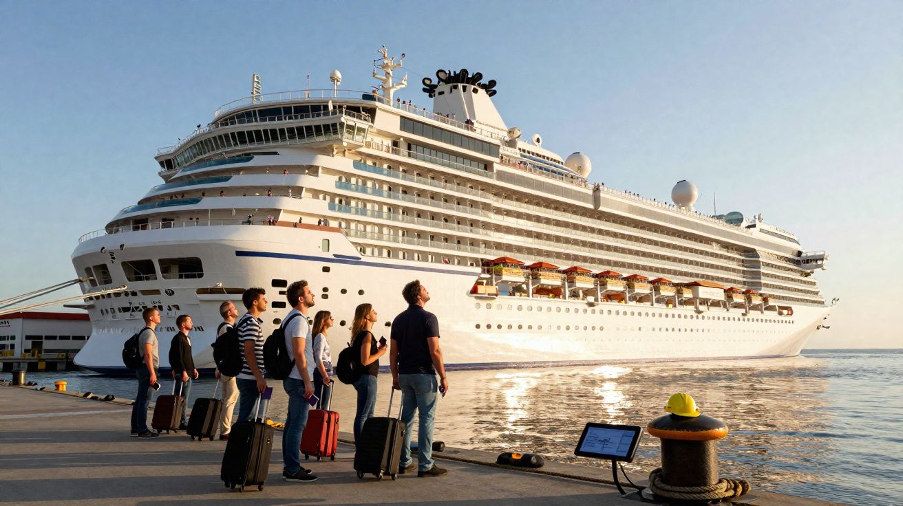Passageiros com malas aguardam para embarcar em navio de cruzeiro ancorado ao pôr do sol.