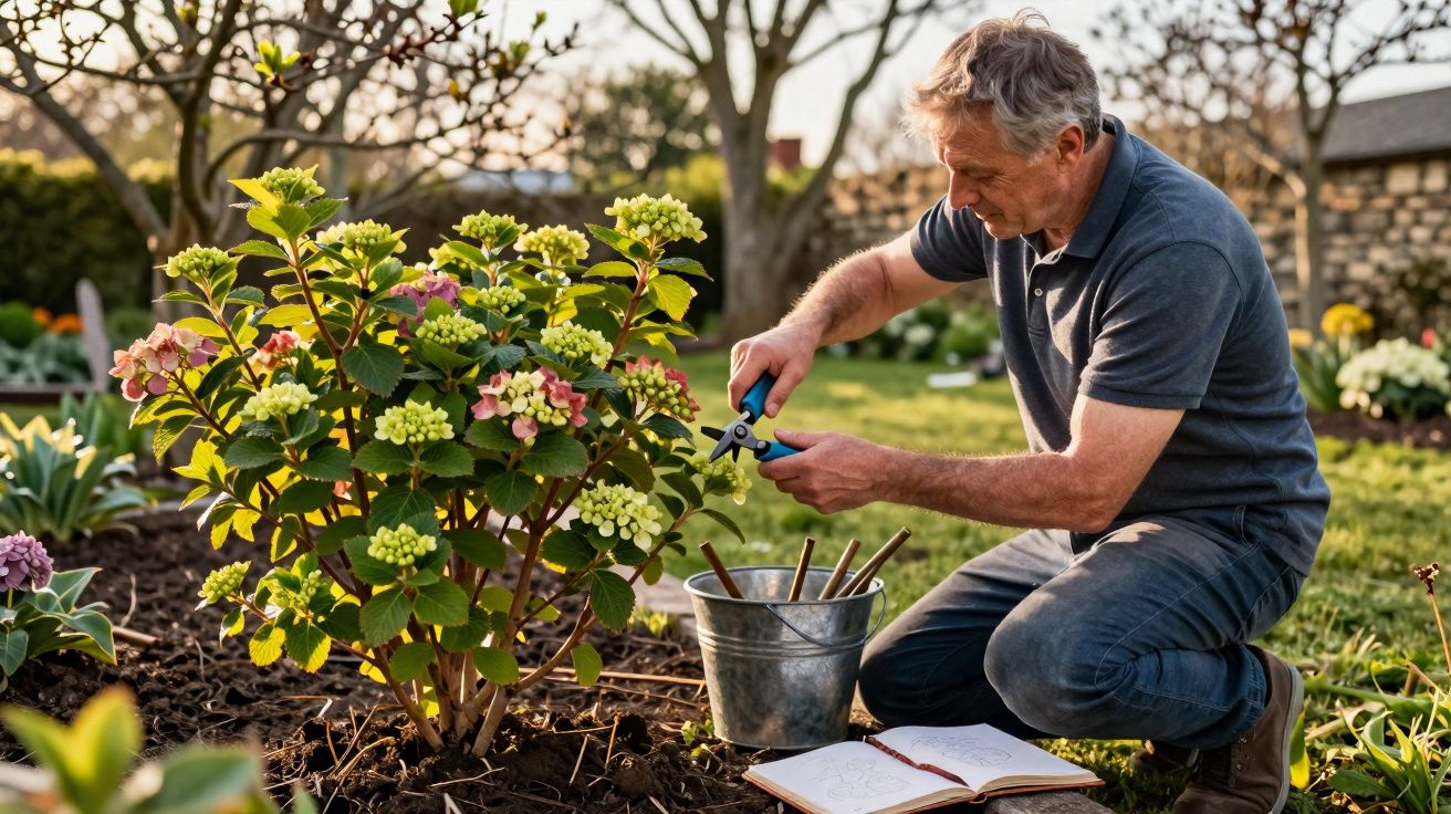 Homem cuidando de hortênsia com tesoura de poda em jardim ao entardecer.