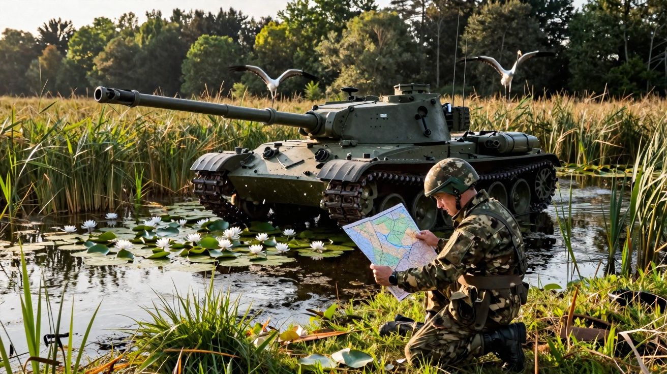 Soldado com uniforme camuflado consulta mapa próximo a um tanque verde em área alagada com plantas aquáticas.