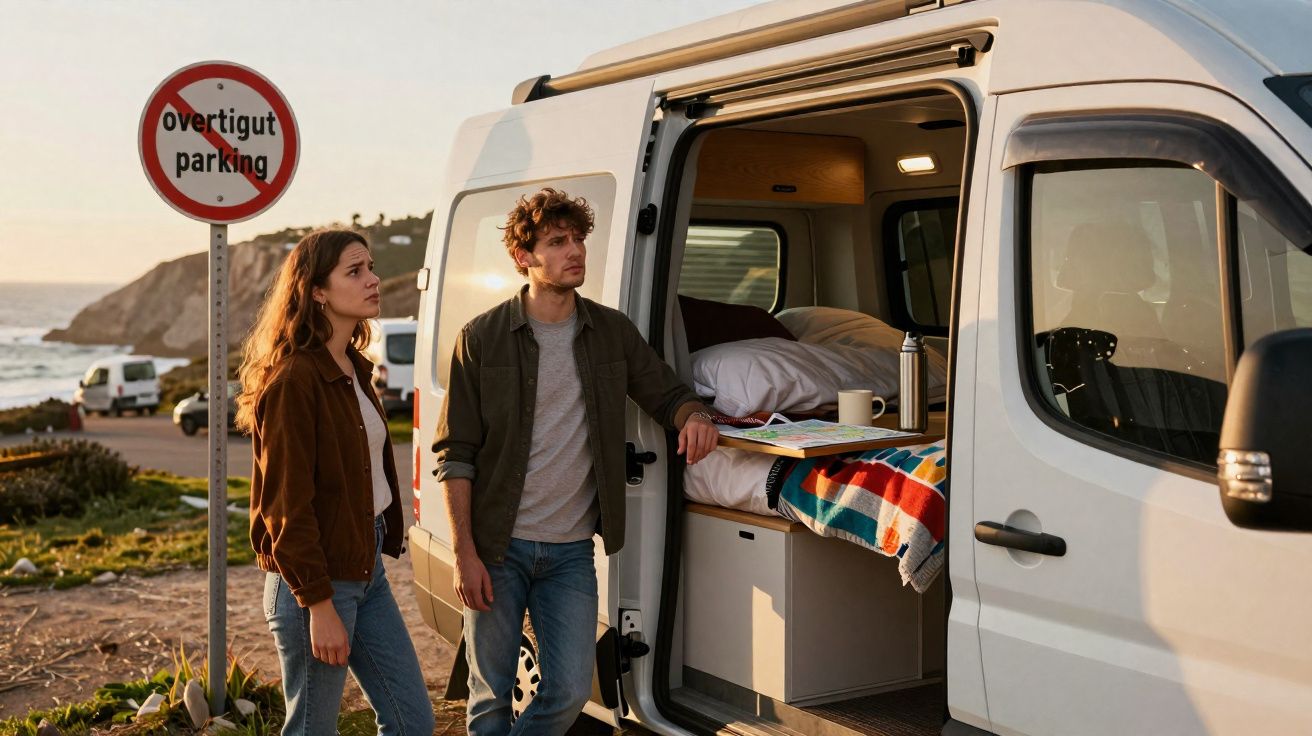 Casal jovem parado ao lado de van branca estacionada com interior de cama e objetos pessoais, perto do mar.