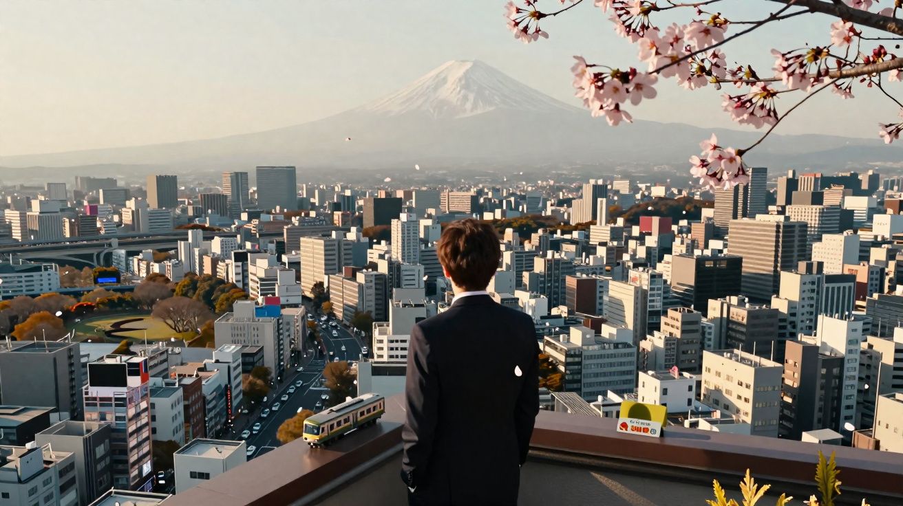 Homem de terno observa a cidade de Tóquio com o Monte Fuji ao fundo e flores de cerejeira no canto superior direito.