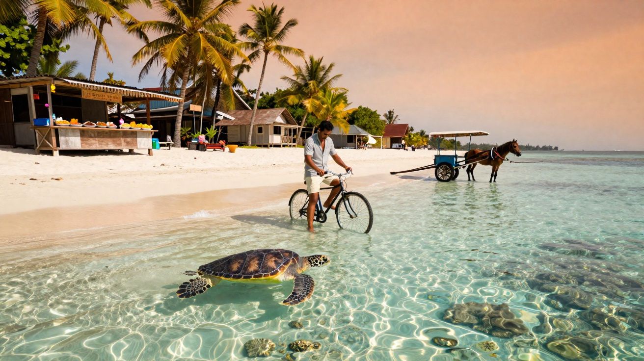 Tartaruga nadando em água cristalina próxima à praia com homem de bicicleta e cavalo com carroça ao fundo.