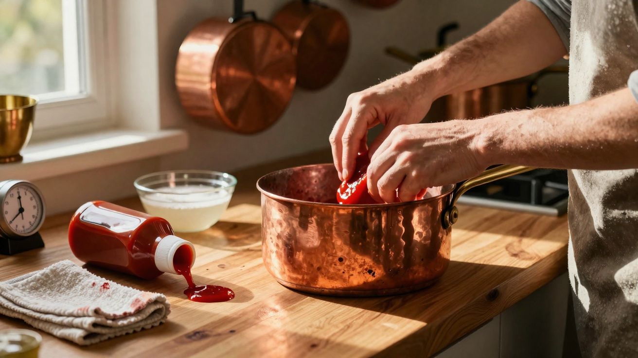 Pessoa preparando molho em panela de cobre em cozinha com ketchup e toalha sobre bancada de madeira.