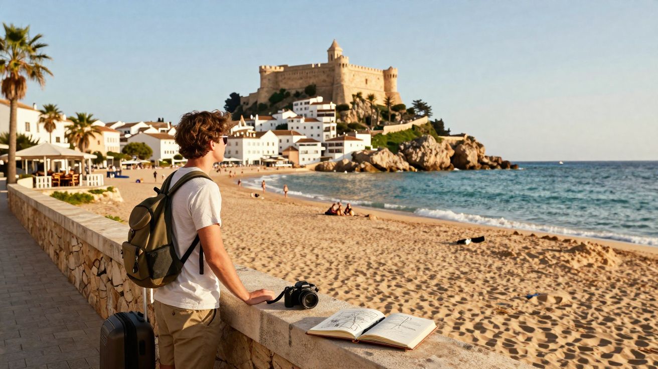 Homem com mochila observa castelo em penhasco ao lado de praia ao entardecer, com câmera e caderno sobre muro.