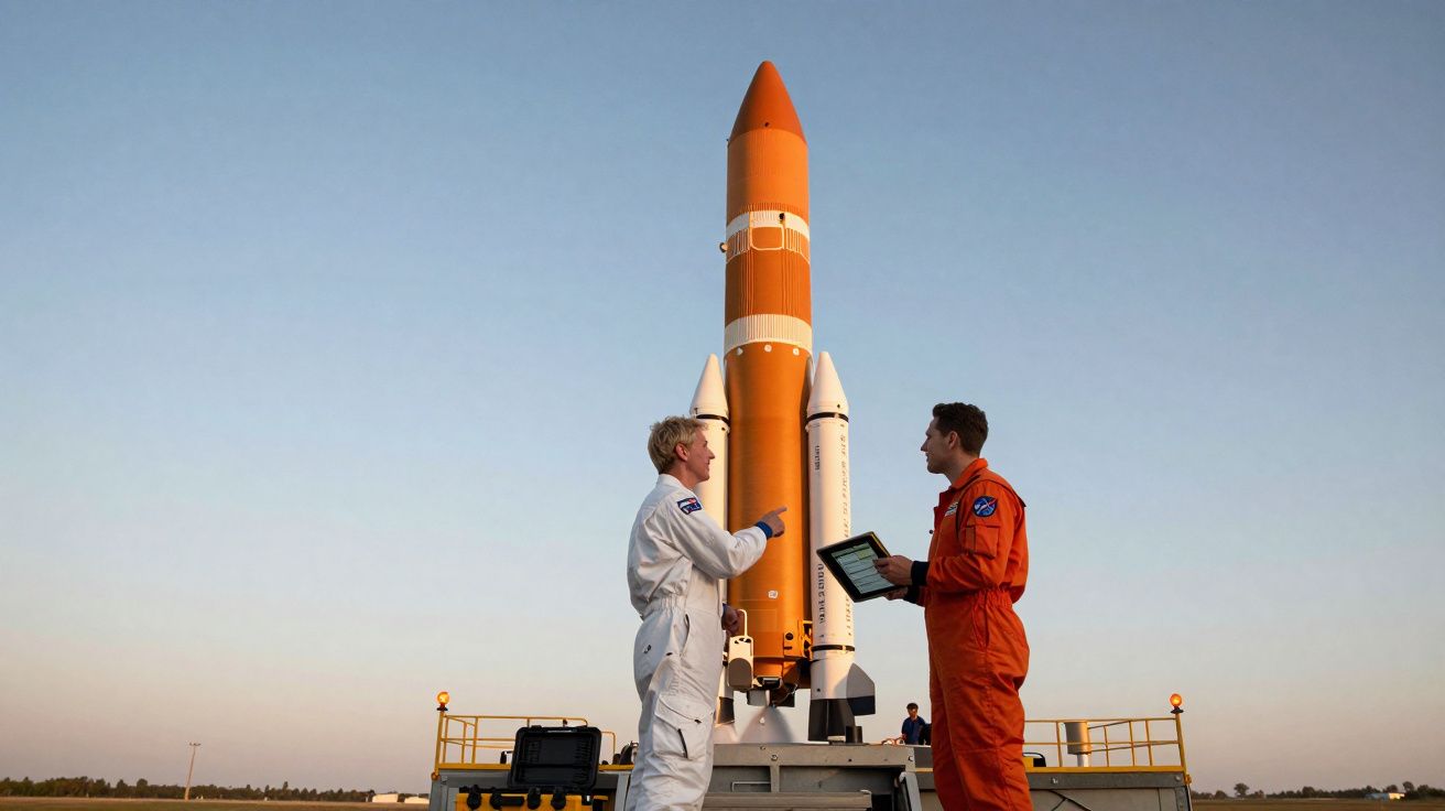 Dois astronautas com macacões discutem em frente a um foguete de lançamento ao entardecer.