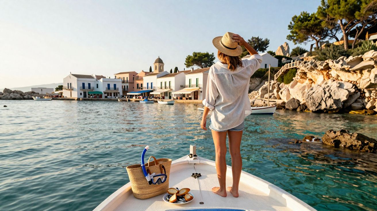 Mulher de chapéu em barco vendo vila costeira com casas brancas e mar calmo ao entardecer.