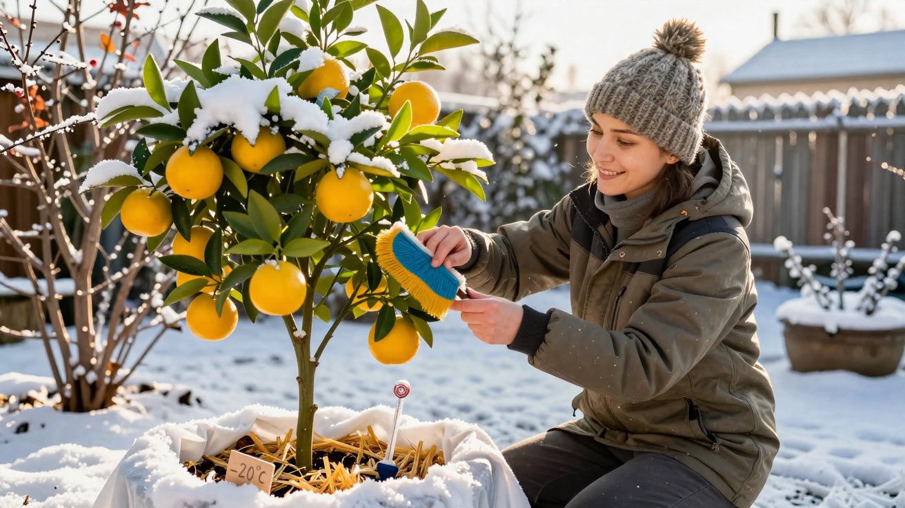 Mulher em roupa de frio limpando árvore cítrica com neve no jardim durante inverno.