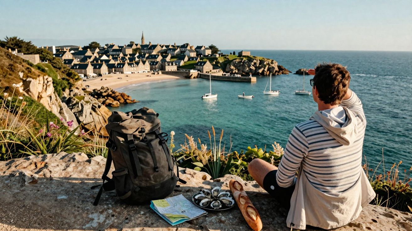 Homem sentado em penhasco com vista para vila costeira, barco no mar e lanche ao lado.