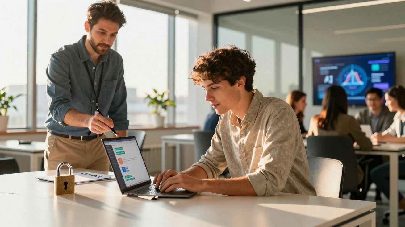 Dois homens trabalham em programação no laptop em escritório moderno com equipe reunida ao fundo.