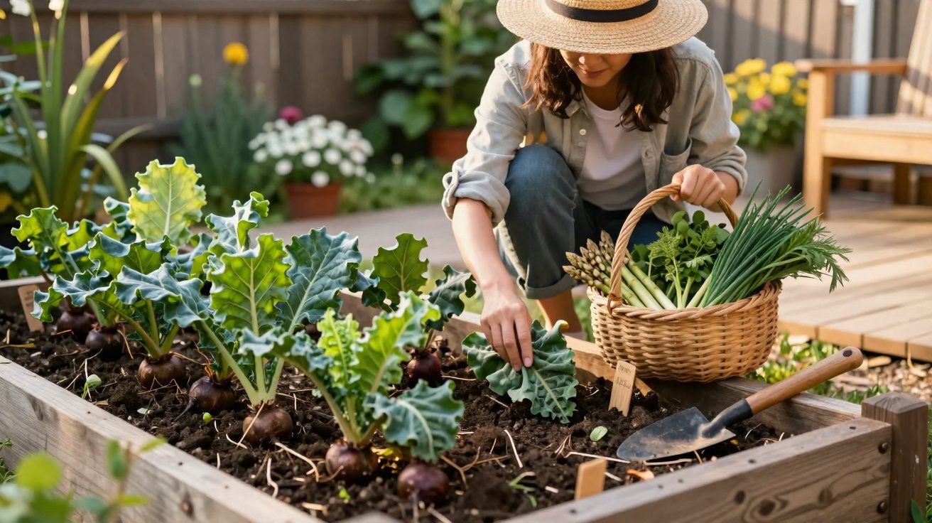 Mulher colhendo verduras em horta suspensa com cesta de produtos frescos em área externa ensolarada.