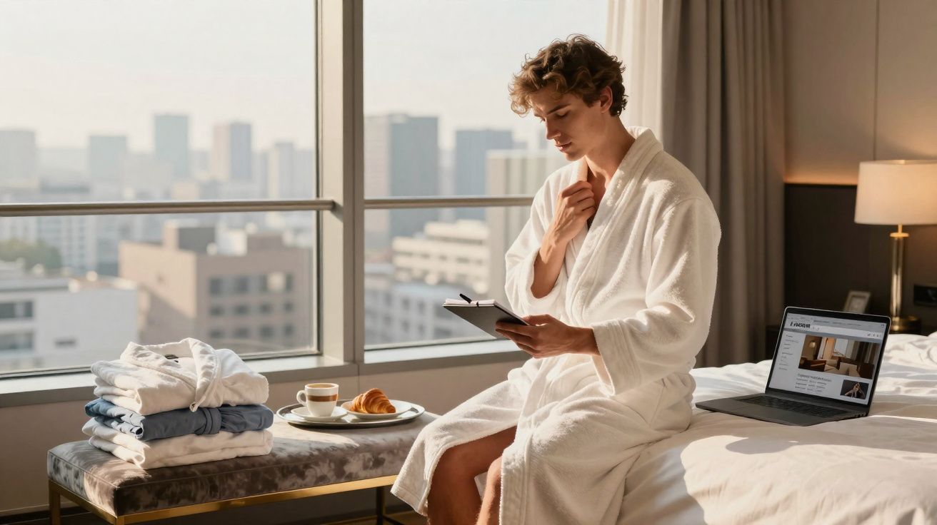 Homem de robe branco lendo tablet sentado em cama de hotel com café e croissant ao lado.