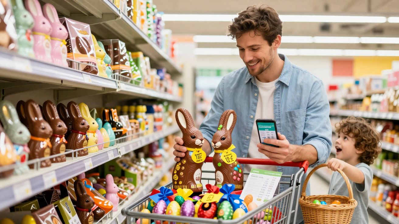 Pai e filho compram chocolates de Páscoa em supermercado, com cesta e carrinho cheio de ovos coloridos.