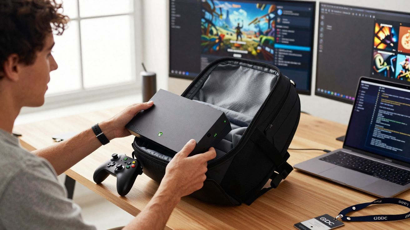 Pessoa guardando console de videogame portátil dentro de mochila perto de computador com dois monitores.